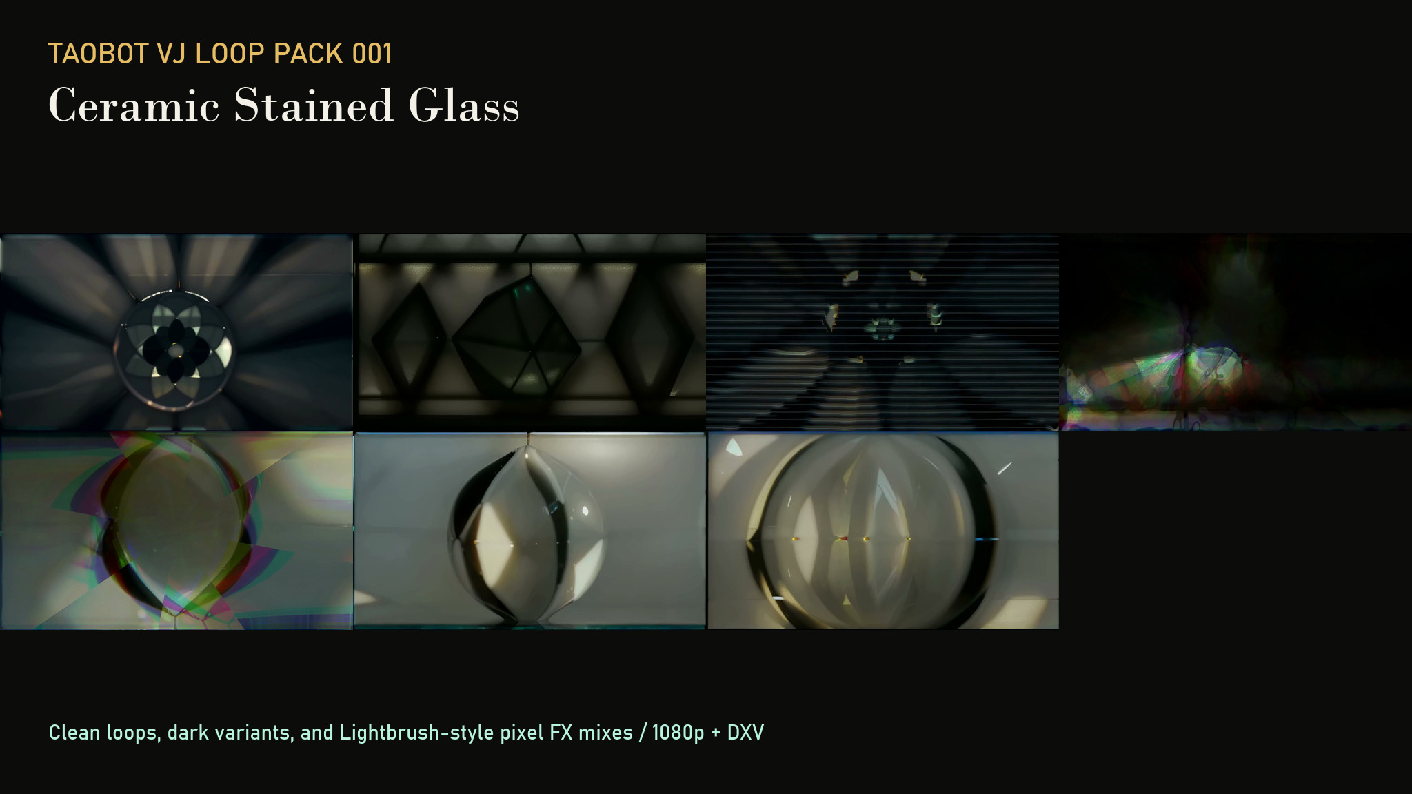Contact sheet showing clips from TaoBot VJ Loop Pack 001